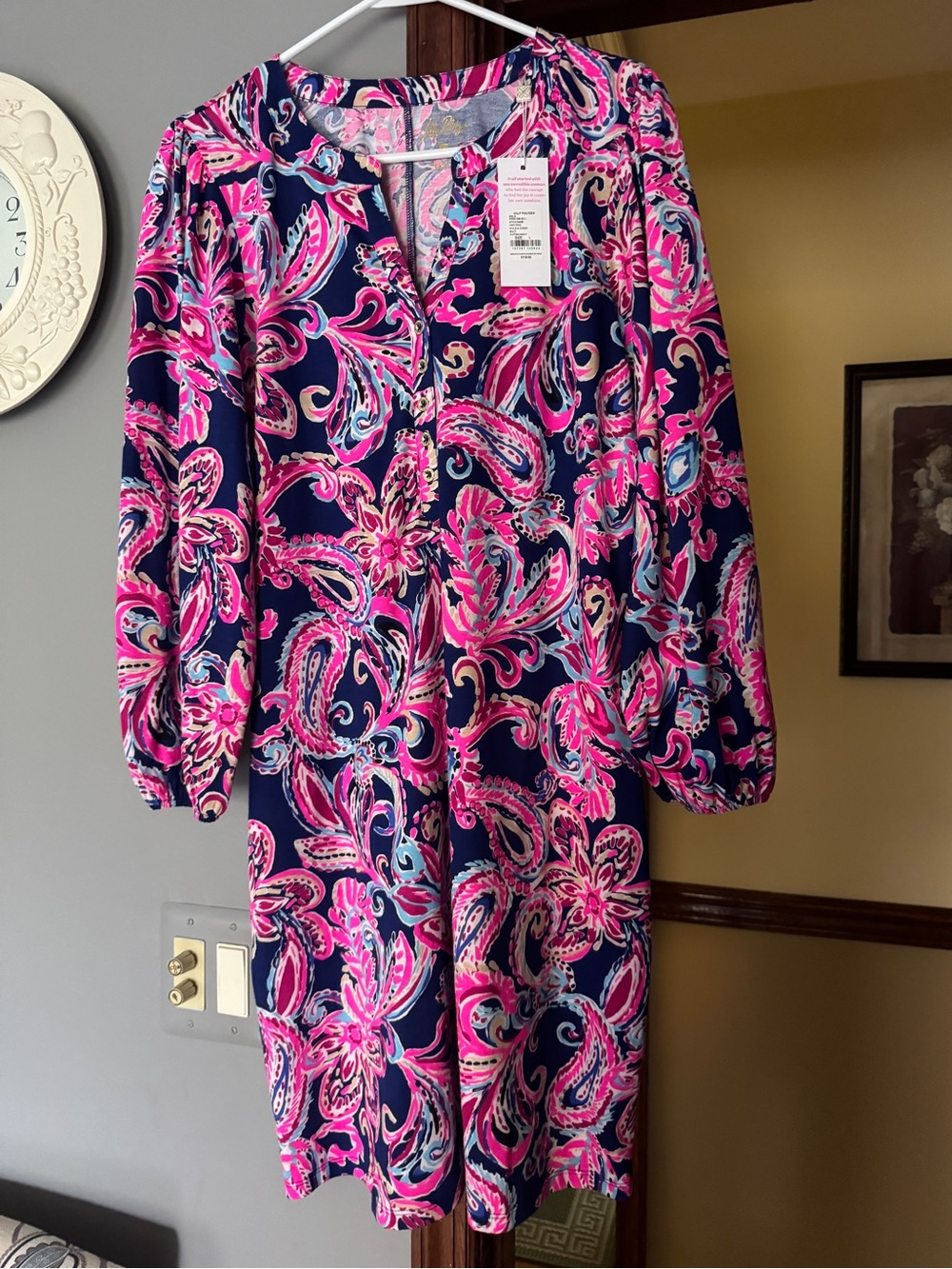 NWT Lilly Pulitzer L Large Emery Dress long sleeve Flittin about Pink navy New